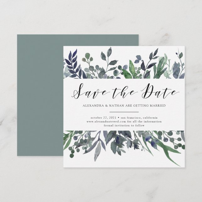 Convite Aquarela Folhada | Casamento Salve a Data (Frente/Verso)