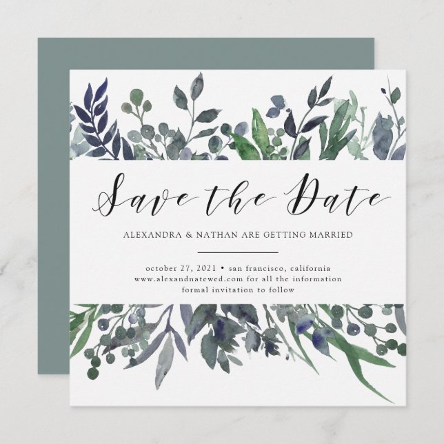 Convite Aquarela Folhosa | Casamento Salve a Data (Frente/Verso)