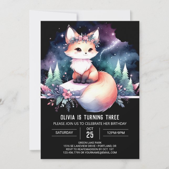 Convite Aquarela Fox Birthday digital (Frente)