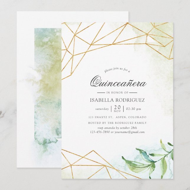 Convite Aquarela Geométrica Cristal Quinceañera (Frente/Verso)