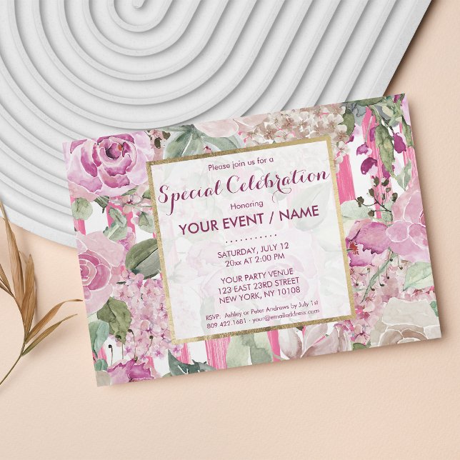 Convite Aquarela geométrica rosa Evento floral verde (Watercolor geometric pink Green floral Event Invitation )