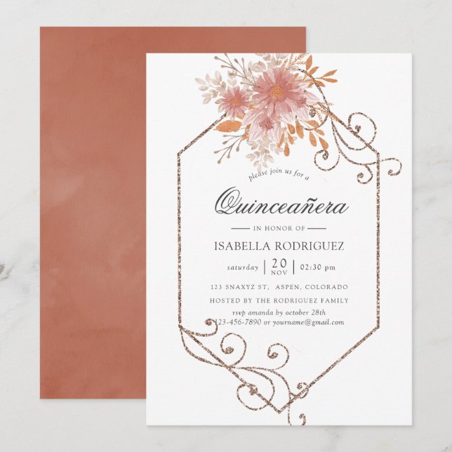 Convite Aquarela Geométrica Terracota Quinceañera (Frente/Verso)
