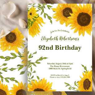 Convite Aquarela Girassóis Aniversário de 92 anos Feminino