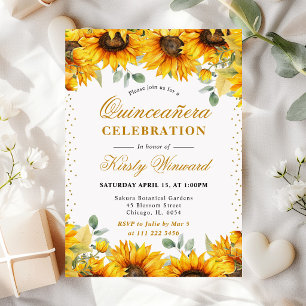 Convite Aquarela Girassóis e Brilho Dourado Quinceanera