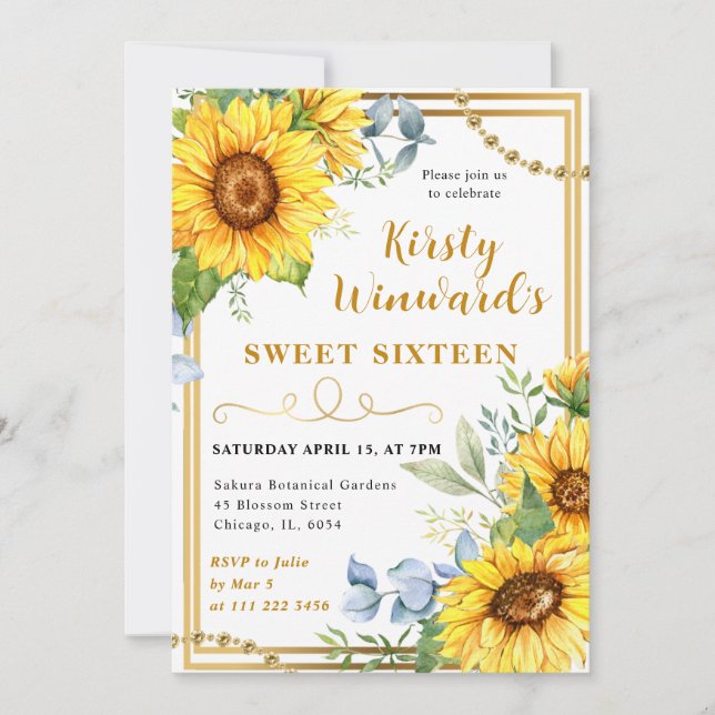 Convite Aquarela Girassóis e Dourado Quadro Sweet 16 (Frente)