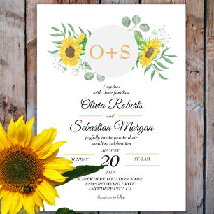 Convite Aquarela Girassóis Monograma Casamento