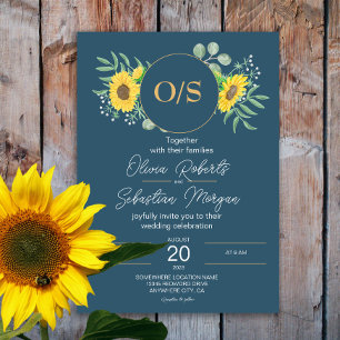 Convite Aquarela Girassóis Monograma Marinho Casamento Azu