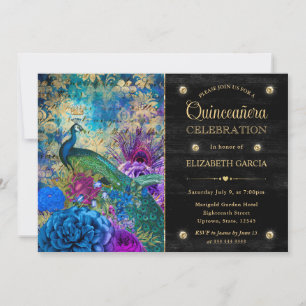 Convite Aquarela Grunge Pavão e Flores Quinceanera