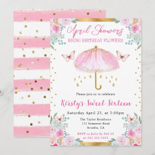 Convite Aquarela Guarda-Chuva Rosa Dourado Doce Dezesseis 