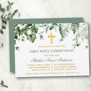 Convite Aquarela Hera Samambaia Verde Sage Dourado Primeir