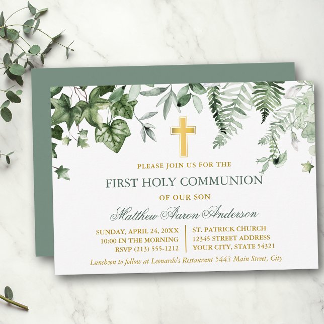 Convite Aquarela Hera Samambaia Verde Sage Dourado Primeir (Customize to change text color, text style or color of back of card.)