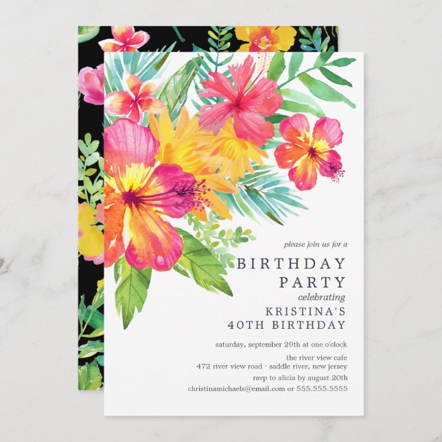 Convite Aquarela Hibiscus Festa de aniversário Tropical Fl (Frente/Verso)
