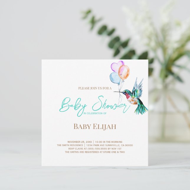 Convite Aquarela Hummingbird e Balões Chá de fraldas (Em pé/Frente)