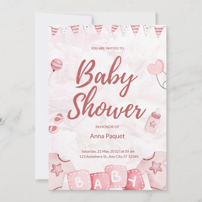 Convite Aquarela Ilustrativa Rosa Claro Infantil Moderno (Frente)