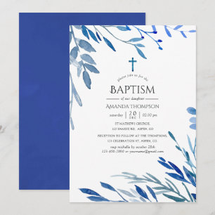 Convite Aquarela Indigo Naval Batismo Folhas
