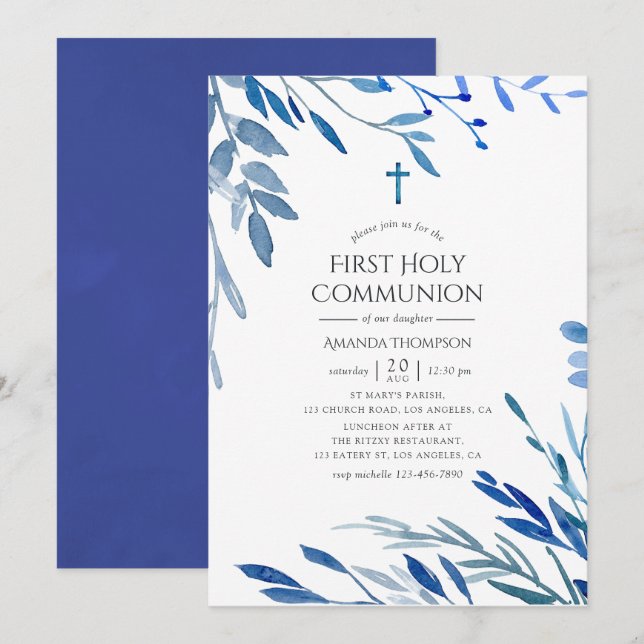 Convite Aquarela Índigo Naval Folhas Primeira Comunhão (Frente/Verso)