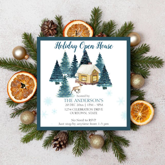 Convite Aquarela inverno madeiras festas de cabana casas a (Holiday open house Christmas party editable template invitation digital download)