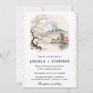 Convite Aquarela Japonesa Fuji e Pagode Cenário de Casamen