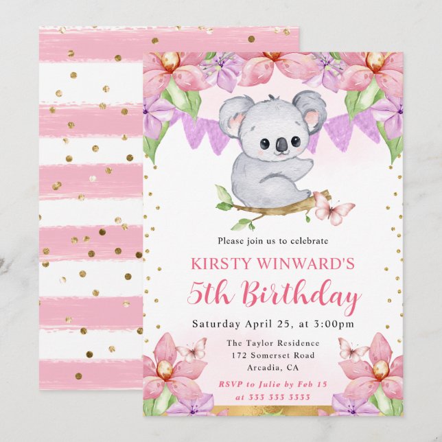 Convite Aquarela Koala Fofo & Flores Tropicais Aniversário (Frente/Verso)