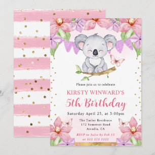 Convite Aquarela Koala Fofo & Flores Tropicais Aniversário