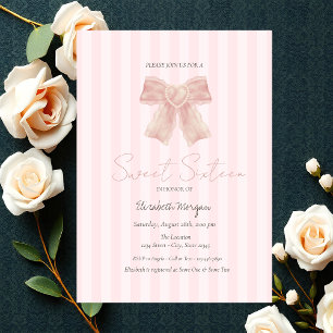 Convite Aquarela Laço Rosa Listrado Sweet 16