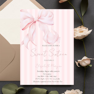 Convite Aquarela Laço Rosa Listras Rosa Sweet 16