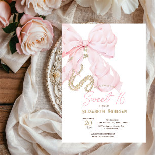 Convite Aquarela Laço Rosa Pérolas Pontos Doce 16