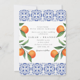 Convite Aquarela Laranja Azul telha Casamento Mediterrâneo