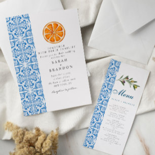 Convite Aquarela Laranja Azul telha Casamento Mediterrâneo