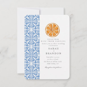 Convite Aquarela Laranja Azul telha Casamento Mediterrâneo