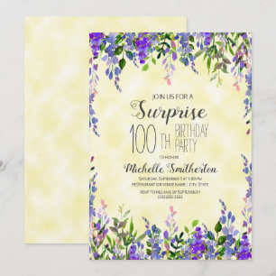 Convite Aquarela Lavanda Amarelo Surpresa 100º Aniversário