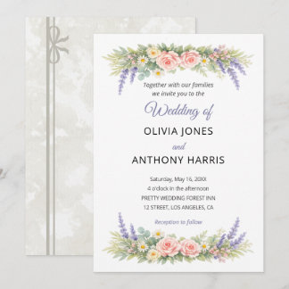 Convite Aquarela Lavanda Eucalipto Rosa Casamento