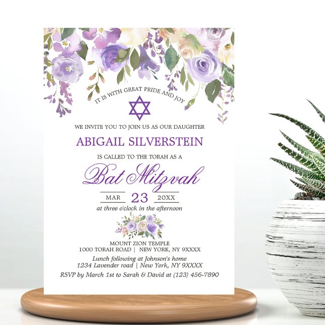 Convite Aquarela Lavanda Floral Puro Star Bat Mitzvah (Watercolor Floral Lavender Purple Star Bat Mitzvah Invitation)