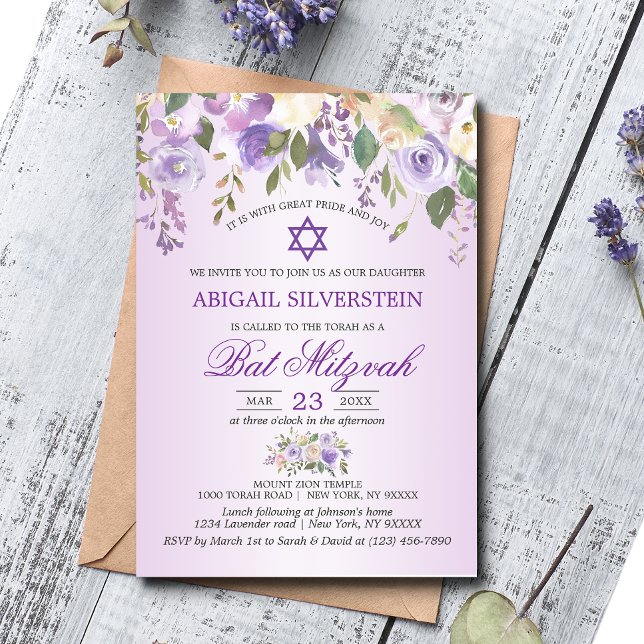 Convite Aquarela Lavanda Floral Puro Star Bat Mitzvah (Criador carregado)