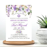 Convite Aquarela Lavanda Floral Puro Star Bat Mitzvah<br><div class="desc">Design floral rústico simples e elegante de cor aquosa (cor d'água) verde verde,  lavanda,  roxo,  violeta,  lilás,  cor-de-rosa pincel,  pêssego,  rosas de flores brancas/pénia sobre fundo branco e letras verdes escuras. Delicar os convites para a garota. Estrela de David no meio.</div>