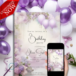 Convite Aquarela Lilás Flores e Balões QR Aniversário