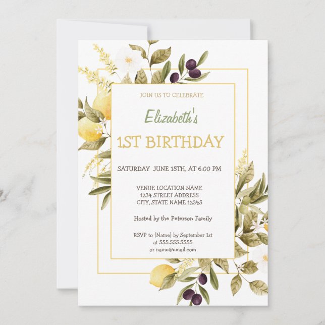 Convite Aquarela Limões Flores Azeitona Aniversário (Frente)