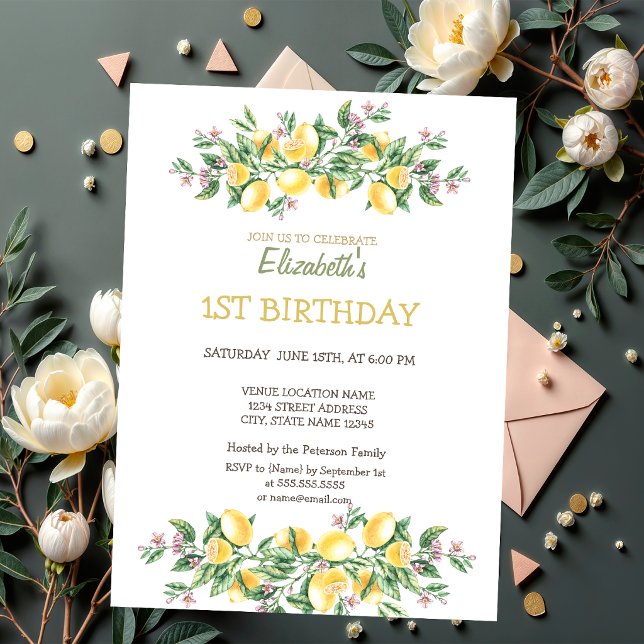 Convite Aquarela Limões Flores Botânicas Aniversário (Criador carregado)