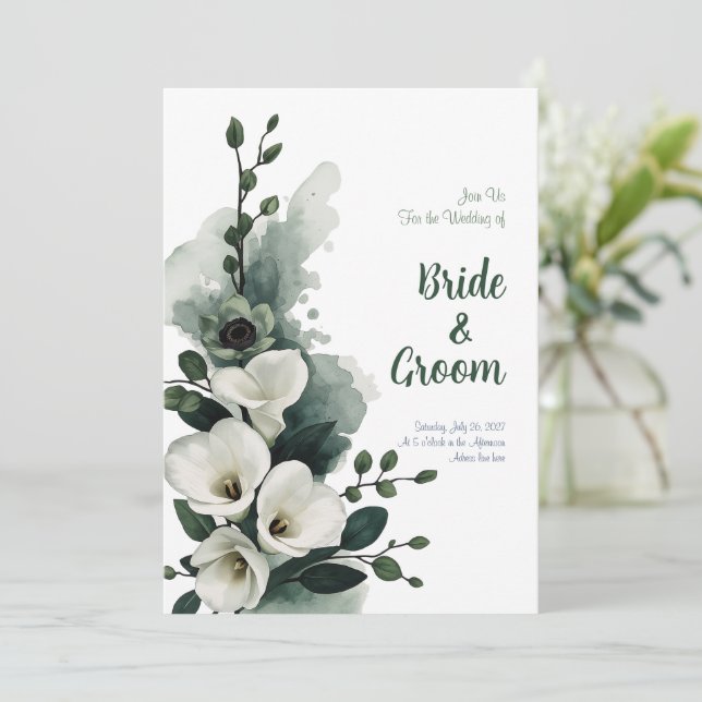Convite Aquarela Lírio-de-callas Branco Verde Sage Minimal (Em pé/Frente)