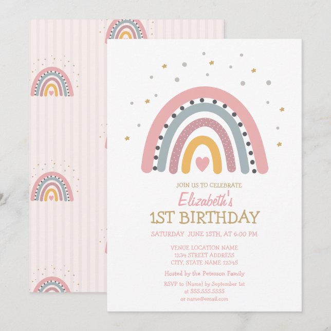 Convite Aquarela Listras de Arco-íris de Aniversário (Frente/Verso)