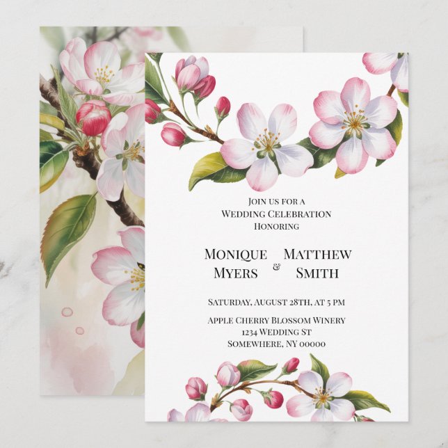Convite Aquarela Maçã Flor de Cerejeira Casamento (Frente/Verso)