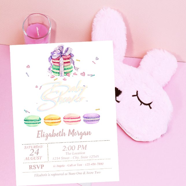 Convite Aquarela Macarons Franceses Listras Chá de Bebê (Criador carregado)