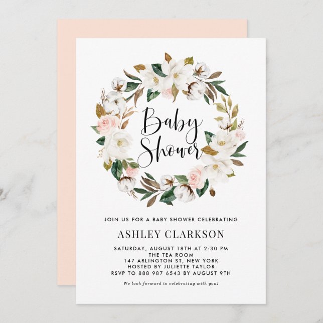 Convite Aquarela Magnolia Algodão Chá de fraldas (Frente/Verso)