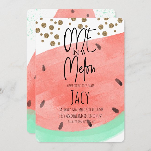 Convite Aquarela Melancia Lavar Faux Glitter Confetti (Frente/Verso)