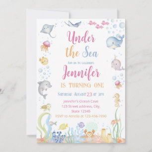 Convite Aquarela Menina Debaixo do Mar Primeiro Aniversári
