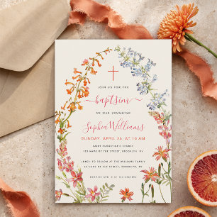 Convite Aquarela Menina Floral de Flores Silvestres Batism