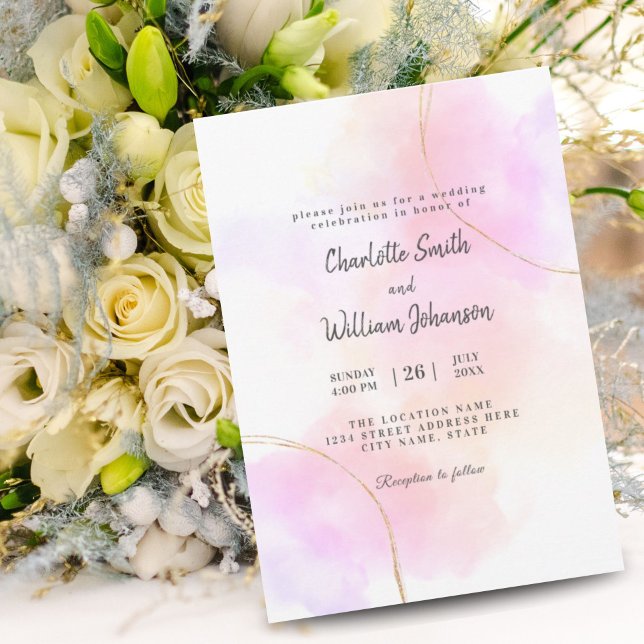 Convite Aquarela minimalista rosa e dourado branco elegant (Criador carregado)