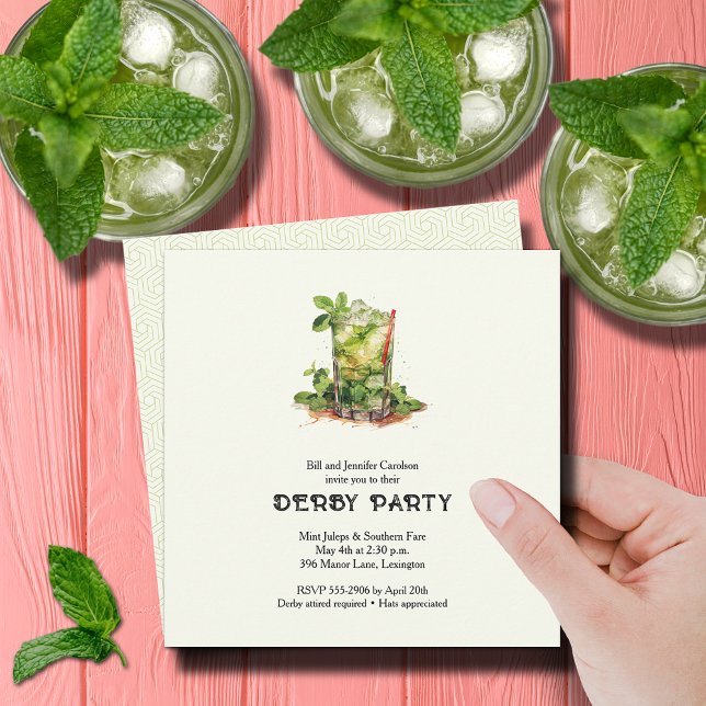 Convite Aquarela Mint Julep Derby (Watercolor Mint Julep Derby Party Square Invitations)