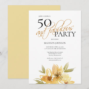 Convite Aquarela Moderna Amarela 50 e Fabuloso Aniversário
