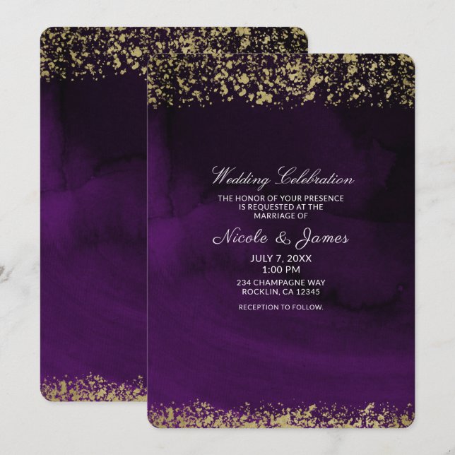 Convite Aquarela Moderna Roxo Real Temperamental Dourado C (Frente/Verso)